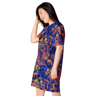 Blue Abstract Flowers T-shirt dress - Tango Boutique