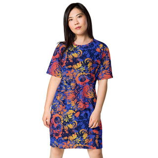 Blue Abstract Flowers T-shirt dress - Tango Boutique